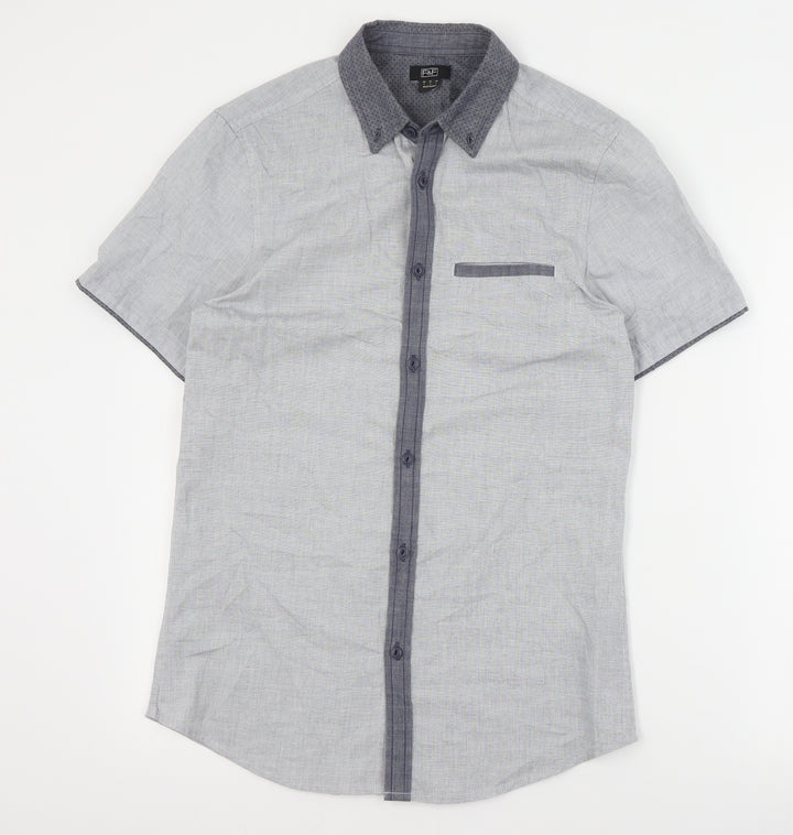 F&F Mens Grey Cotton Button-Up Size S Collared Button