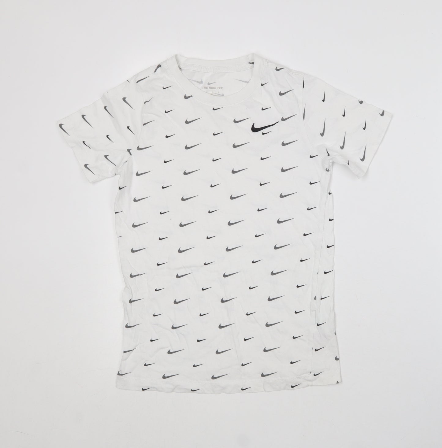 Nike Boys White Geometric Cotton Basic T-Shirt Size M Round Neck