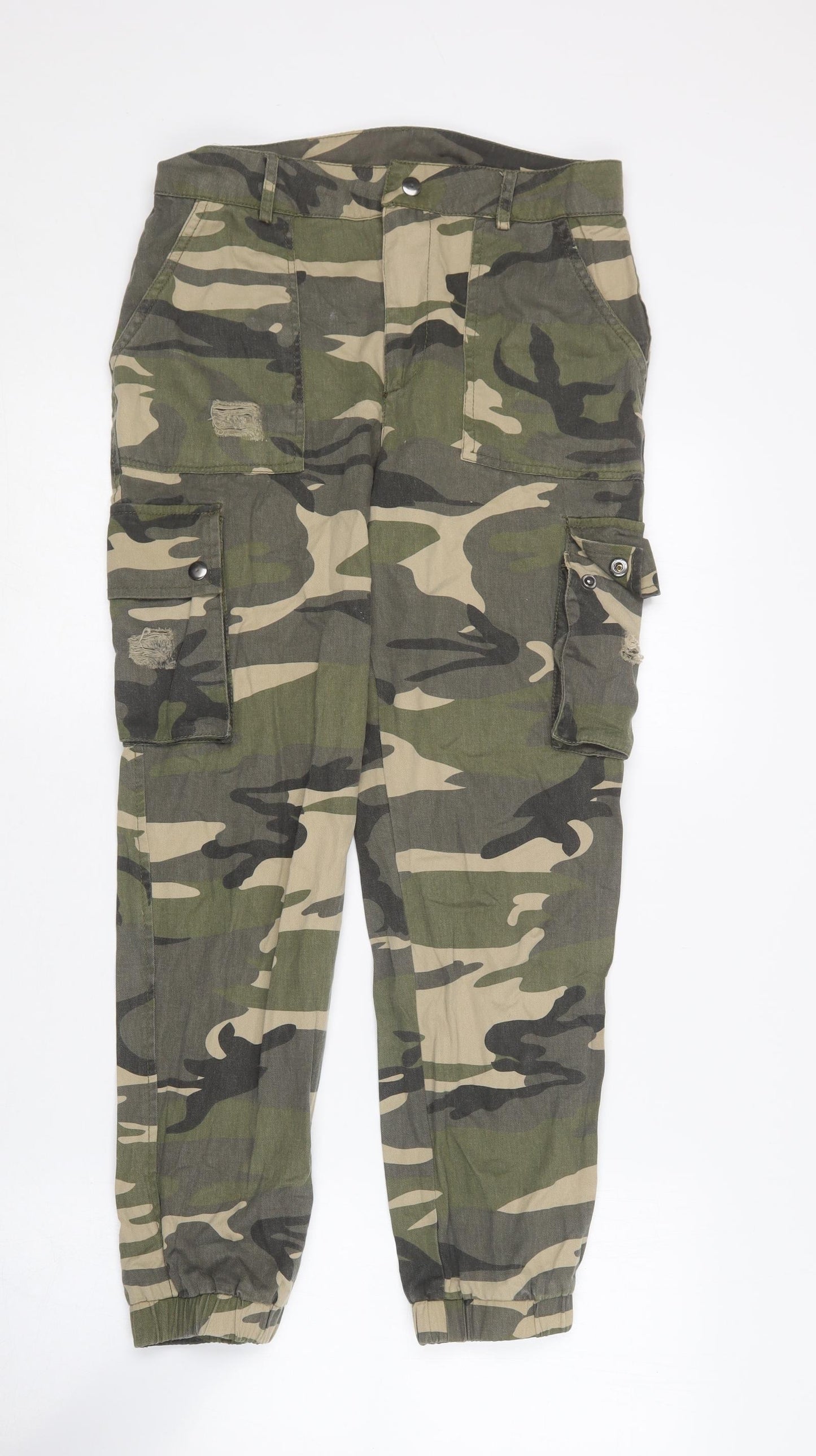 Primark Womens Green Camouflage Cotton Cargo Trousers Size 8 L25 in Regular