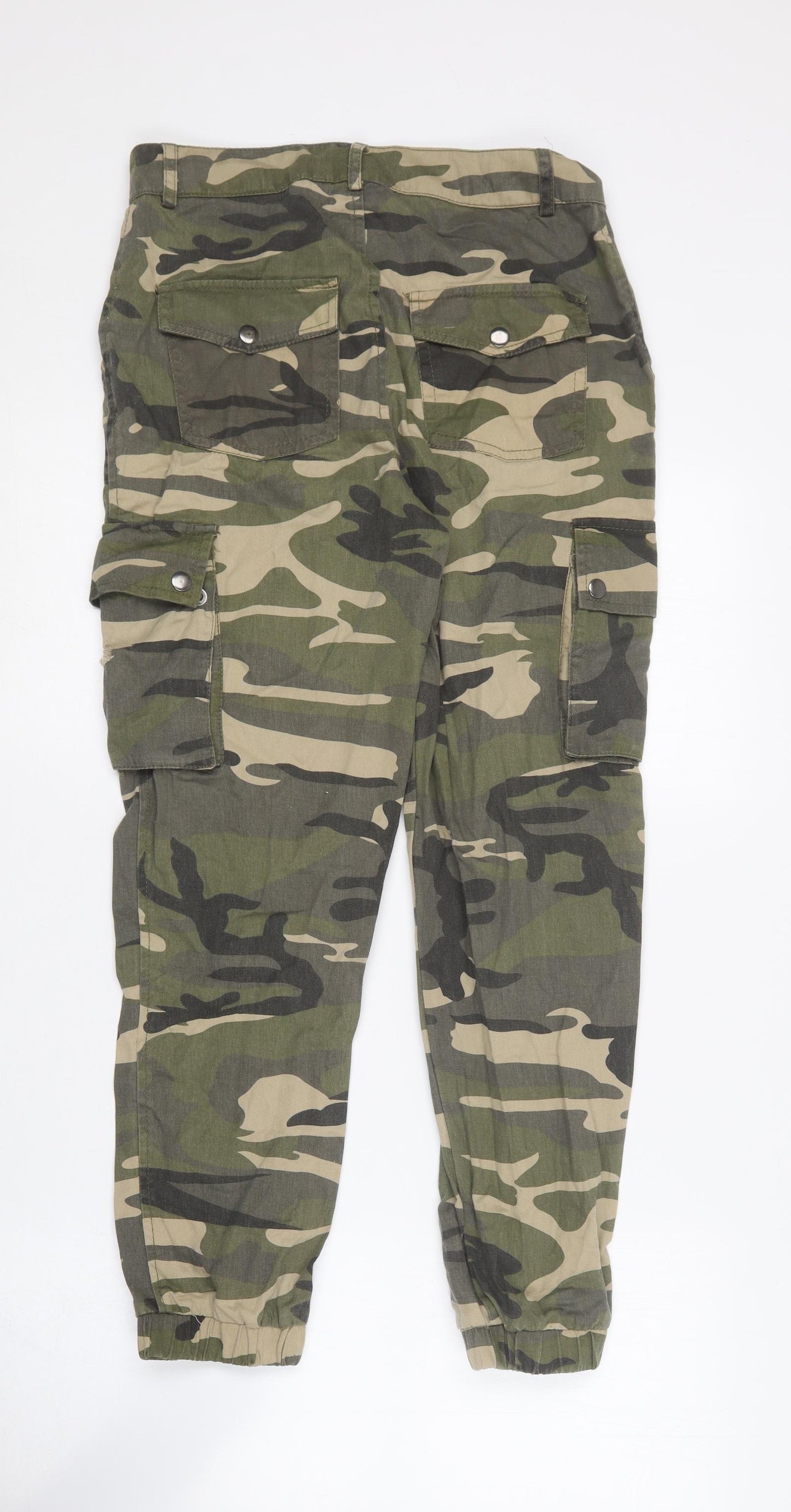 Primark Womens Green Camouflage Cotton Cargo Trousers Size 8 L25 in Regular