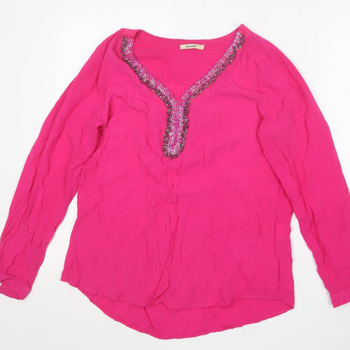 Fee Red Womens Pink  Nylon Basic T-Shirt Size S V-Neck