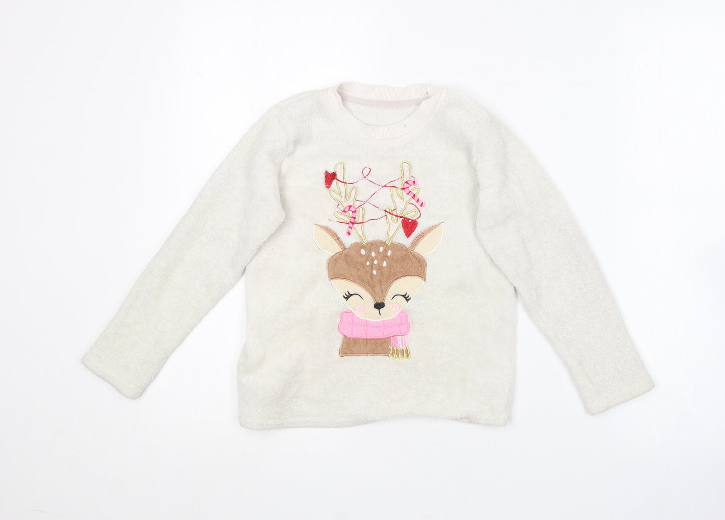 Dunnes Stores Girls White Round Neck  Polyester Pullover Jumper Size 7-8 Years   - Christmas Jumperq