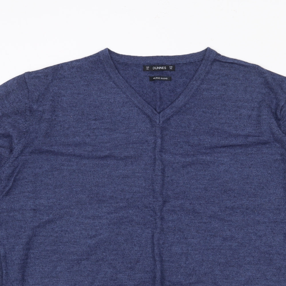 Dunnes Mens Blue V-Neck  Wool Pullover Jumper Size 2XL   - Merino Wool
