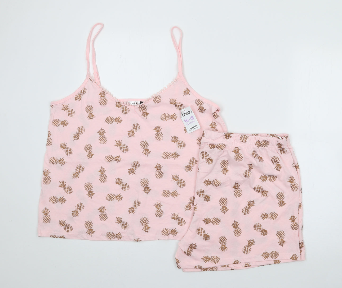 Pep&Co Womens Pink Geometric 100% Cotton Cami Pyjama Set Size 16  Drawstring - Pineapple