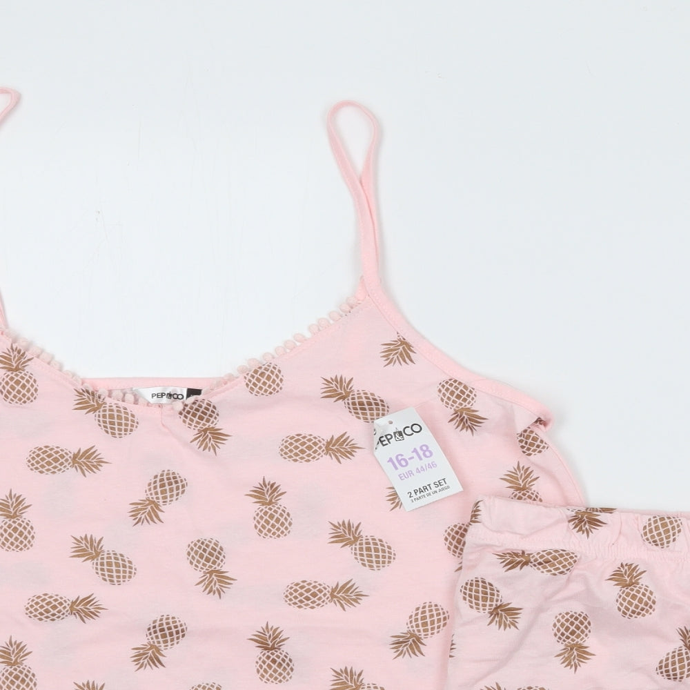 Pep&Co Womens Pink Geometric 100% Cotton Cami Pyjama Set Size 16  Drawstring - Pineapple