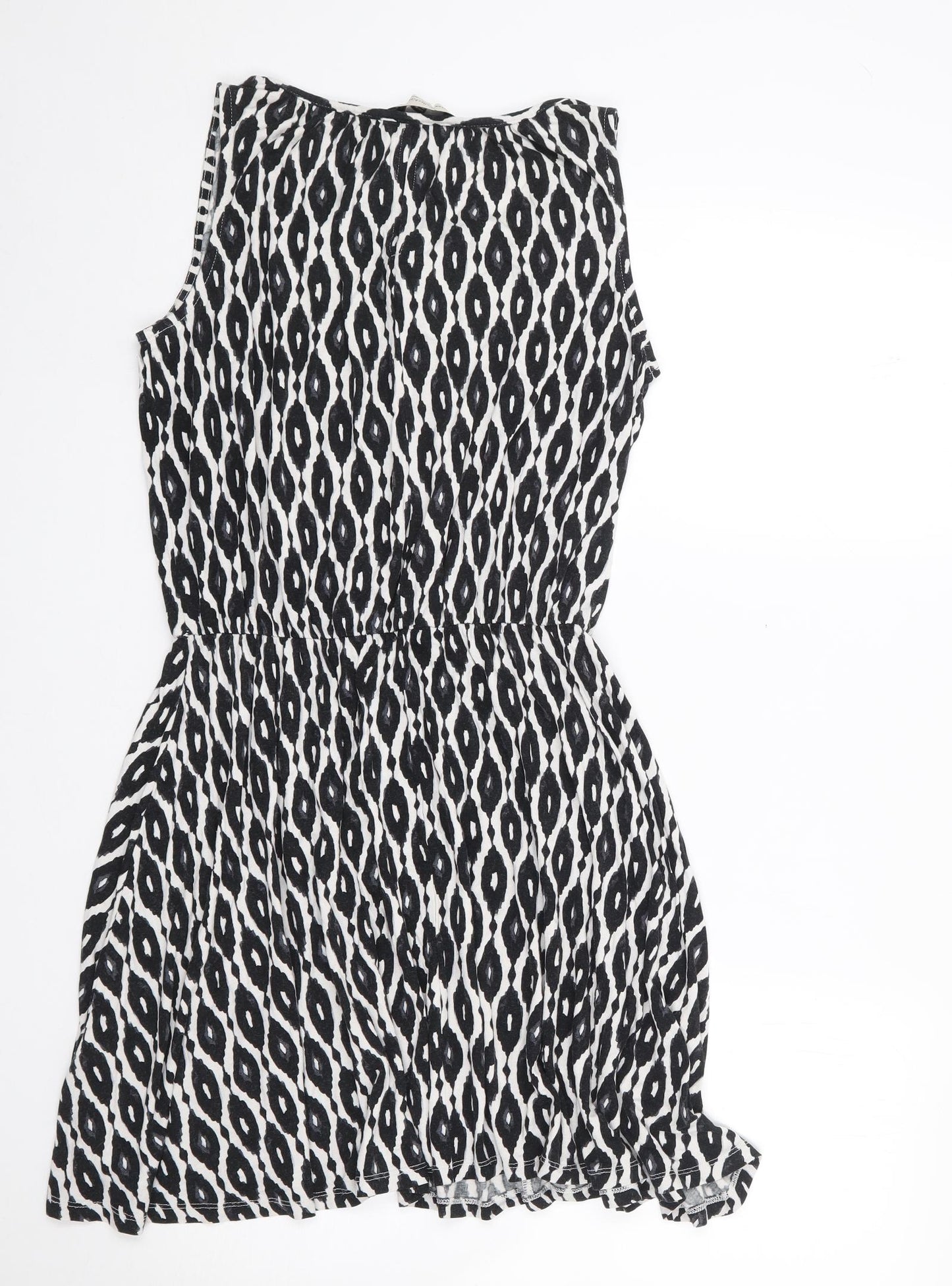 F&F Womens Black Geometric Viscose Skater Dress  Size 10  V-Neck Pullover