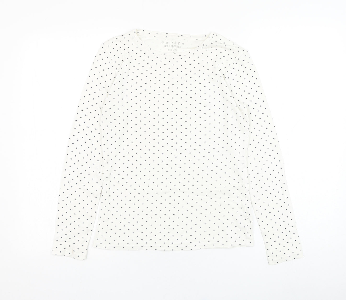 Papaya Womens White Polka Dot Cotton Basic T-Shirt Size 8 Round Neck