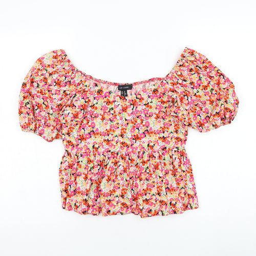 New Look Womens Red Floral Cotton Cropped Blouse Size 8 Square Neck