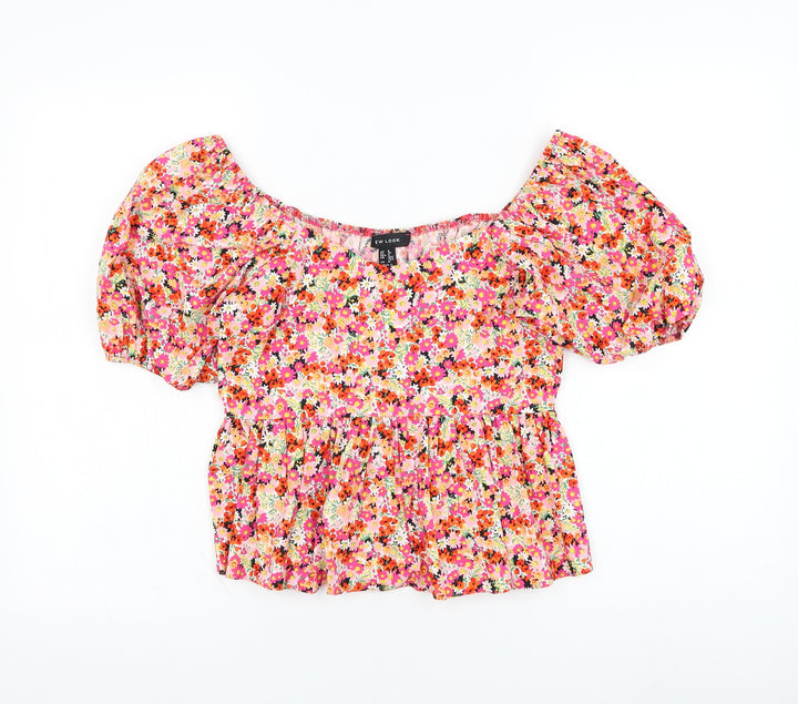 New Look Womens Red Floral Cotton Cropped Blouse Size 8 Square Neck