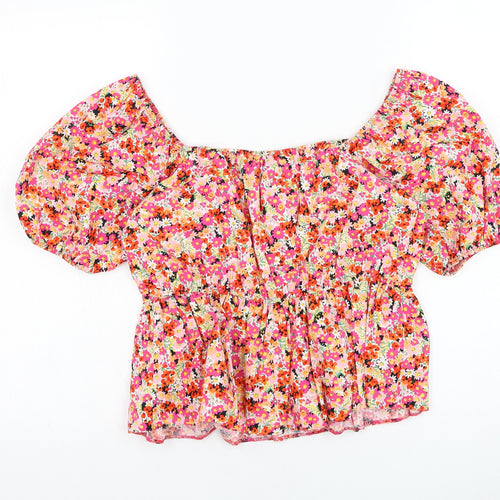 New Look Womens Red Floral Cotton Cropped Blouse Size 8 Square Neck