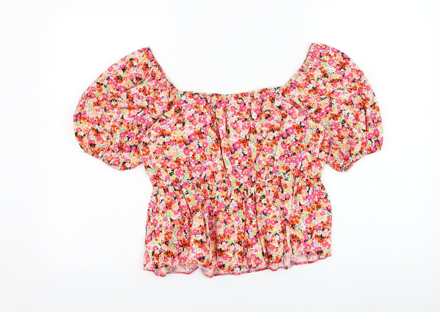 New Look Womens Red Floral Cotton Cropped Blouse Size 8 Square Neck