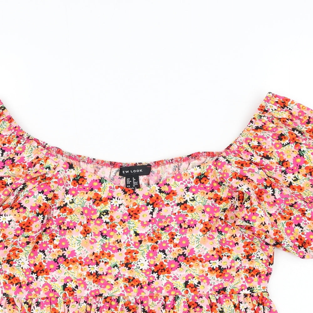 New Look Womens Red Floral Cotton Cropped Blouse Size 8 Square Neck