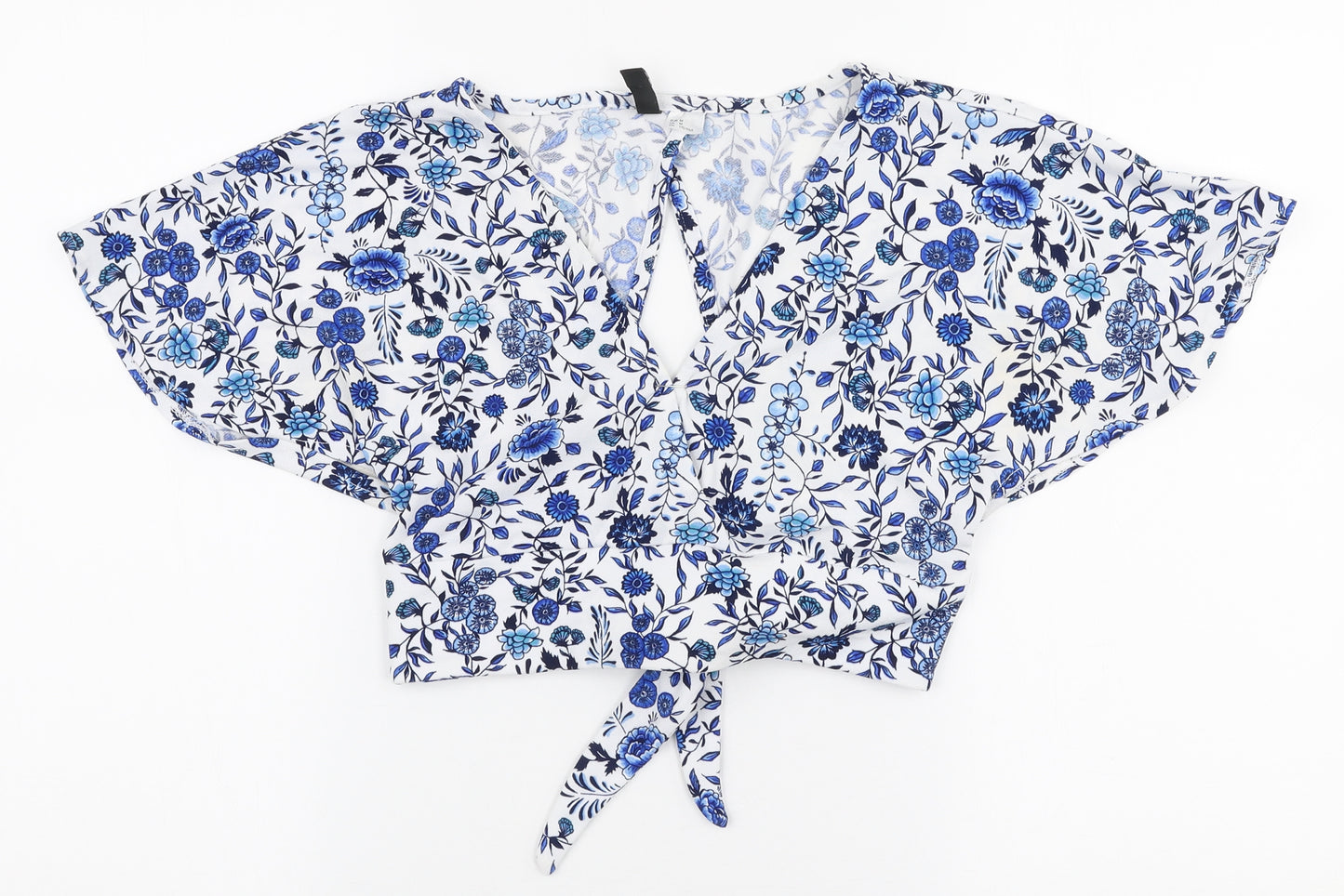 H&M Womens Blue Floral Polyester Cropped Blouse Size M V-Neck