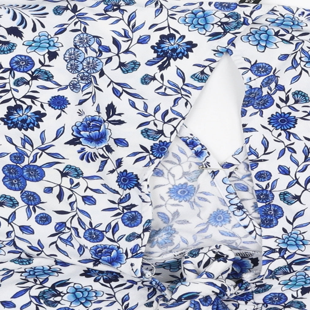 H&M Womens Blue Floral Polyester Cropped Blouse Size M V-Neck