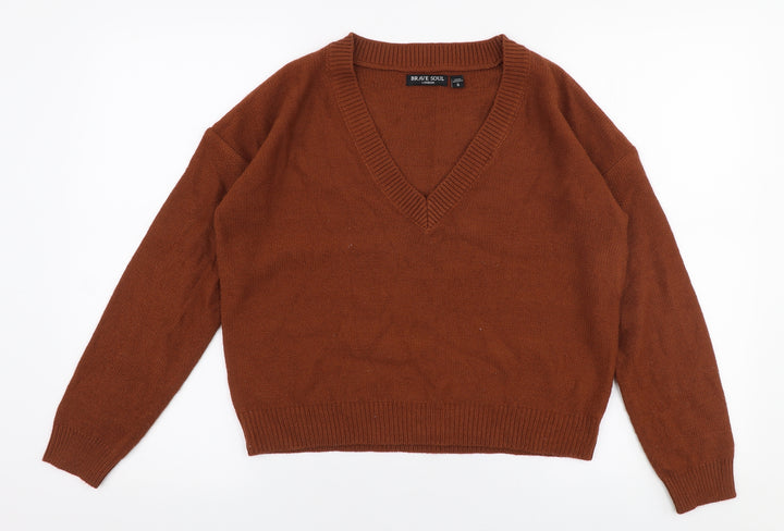Brave Soul Womens Brown V-Neck  Acrylic Pullover Jumper Size S