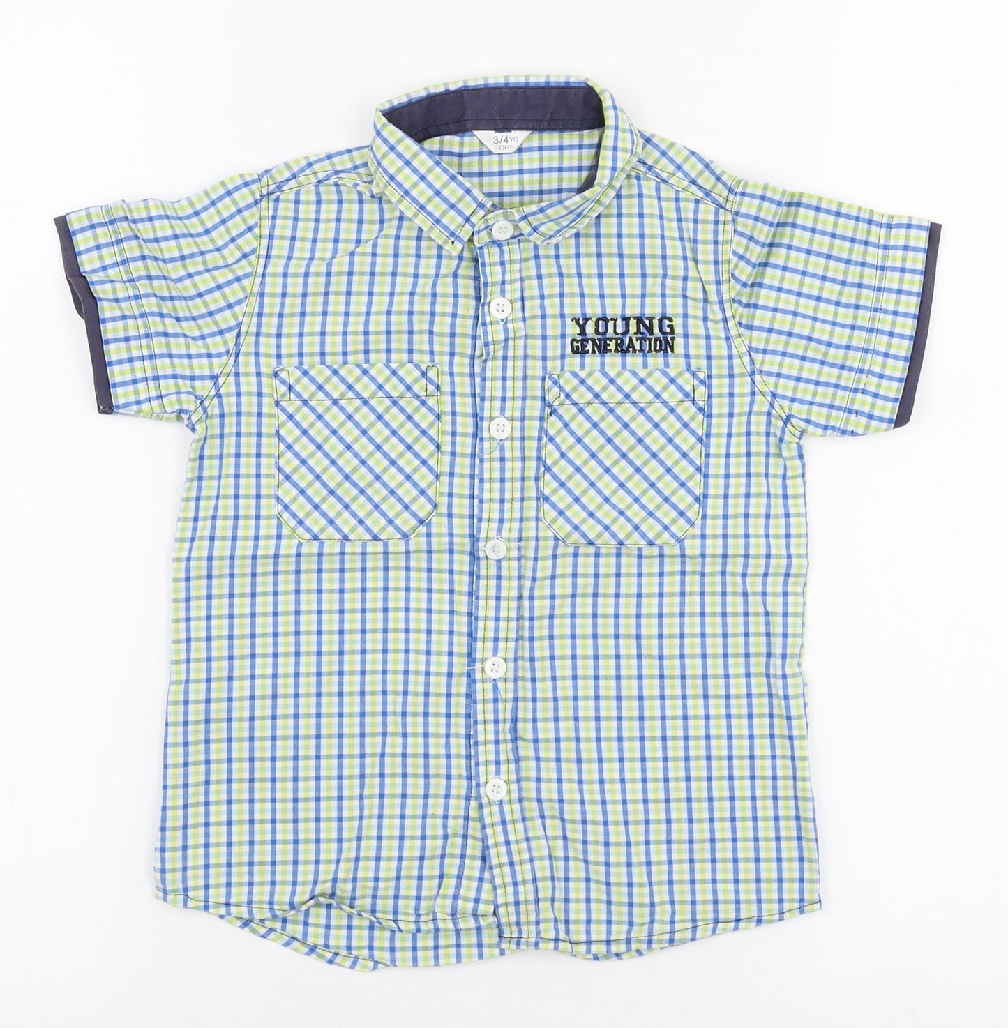 Preworn Boys Multicoloured Check Polyester Basic Button-Up Size 3-4 Years Collared Button