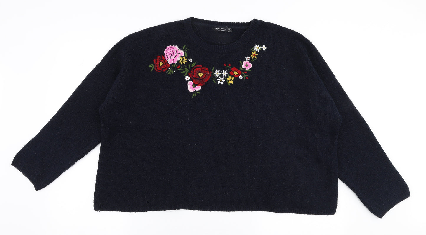 Bershka  Womens Blue Round Neck Floral Polyester Pullover Jumper Size M