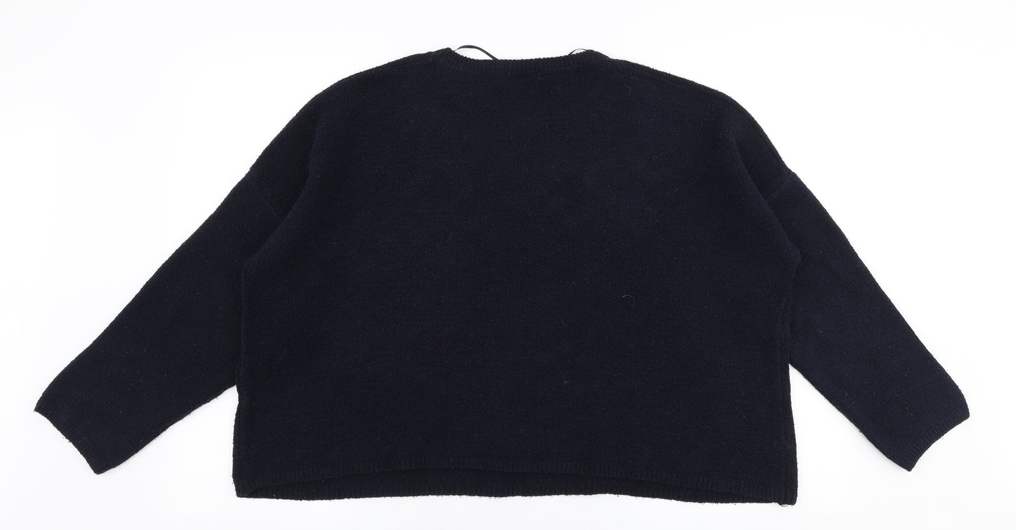 Bershka  Womens Blue Round Neck Floral Polyester Pullover Jumper Size M