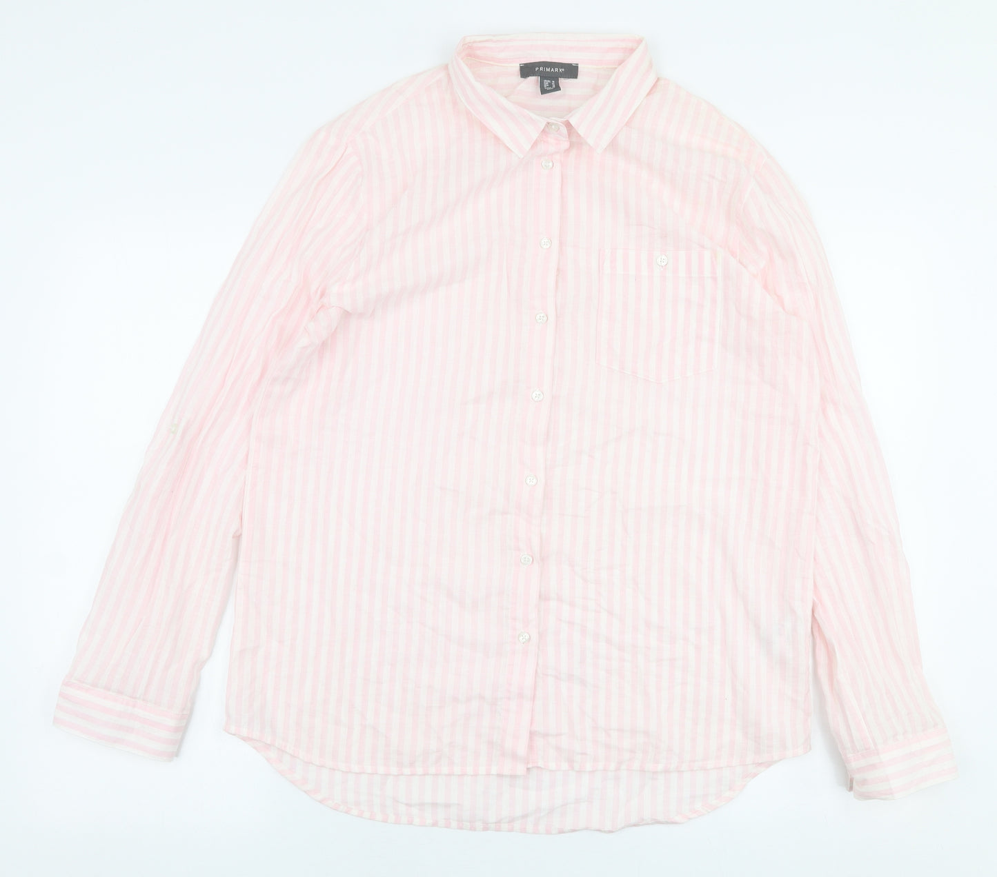 Primark Womens Pink Striped 100% Cotton Basic Button-Up Size 14 Collared