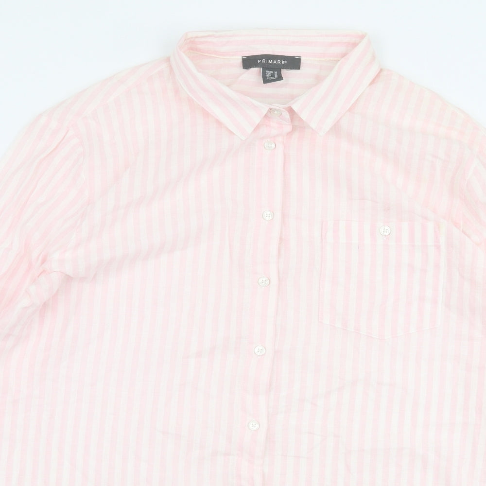 Primark Womens Pink Striped 100% Cotton Basic Button-Up Size 14 Collared
