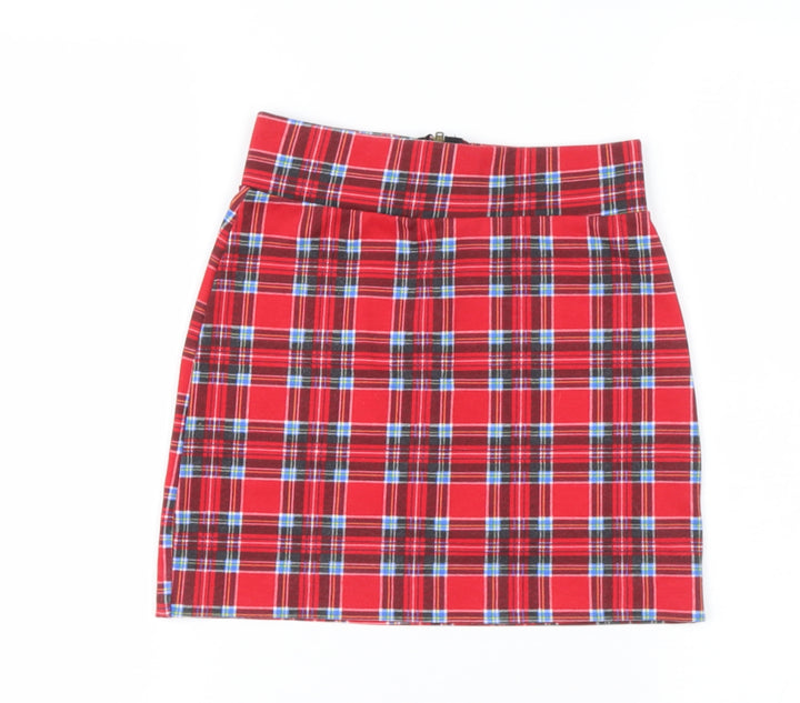 International Womens Red Check Polyester A-Line Skirt Size 6