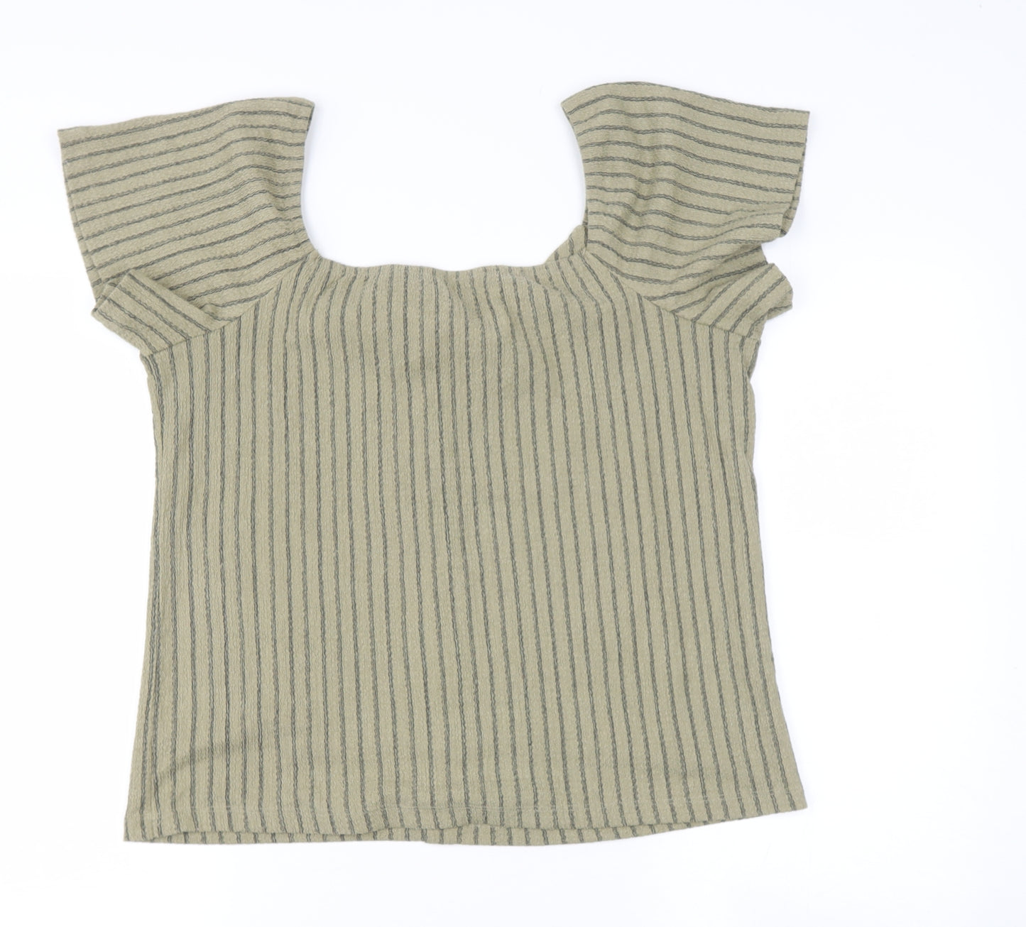 Dunnes Stores Womens Green Striped Polyester Basic Blouse Size M V-Neck