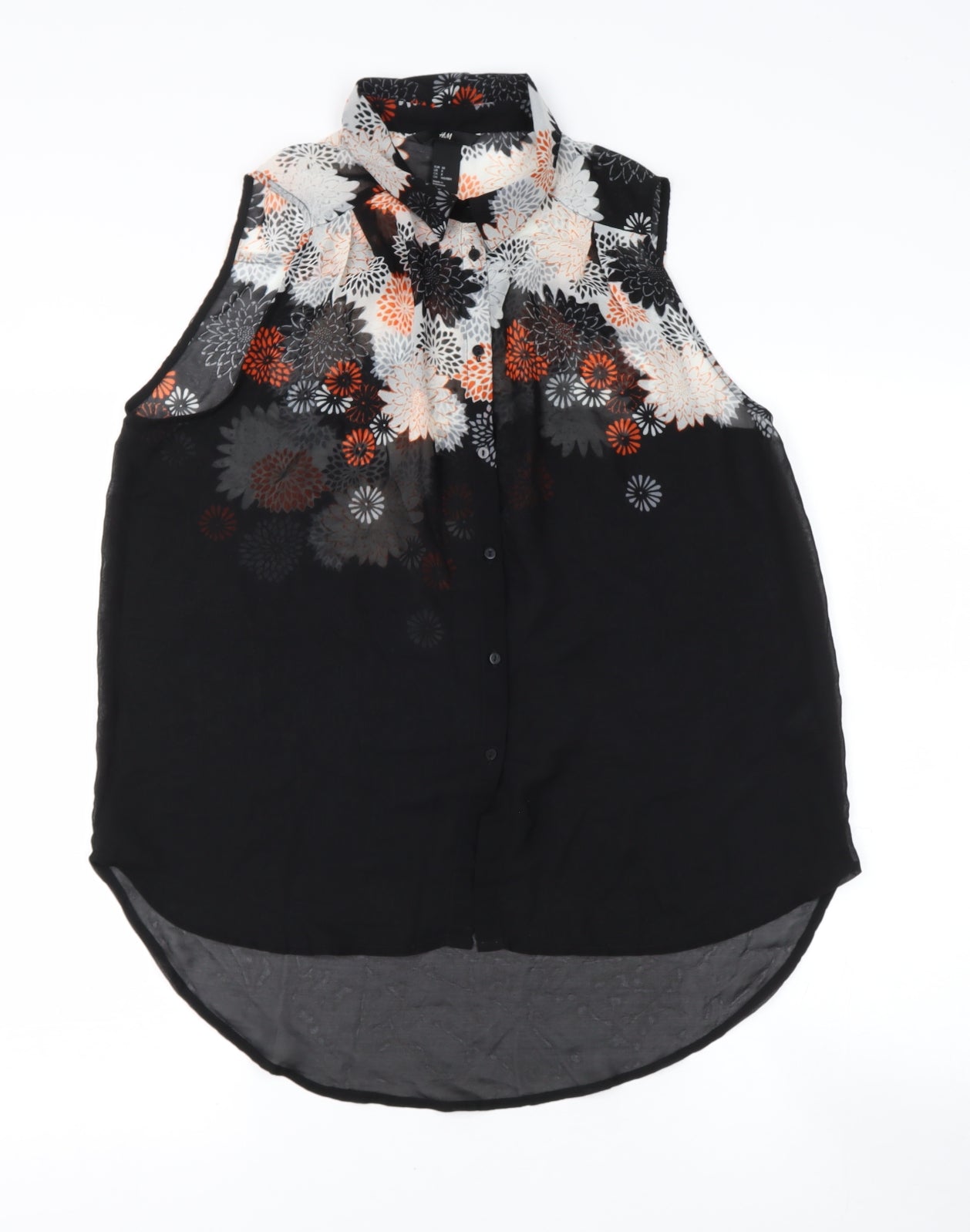 H&M Womens Black Floral Polyester Basic Button-Up Size 8 Collared