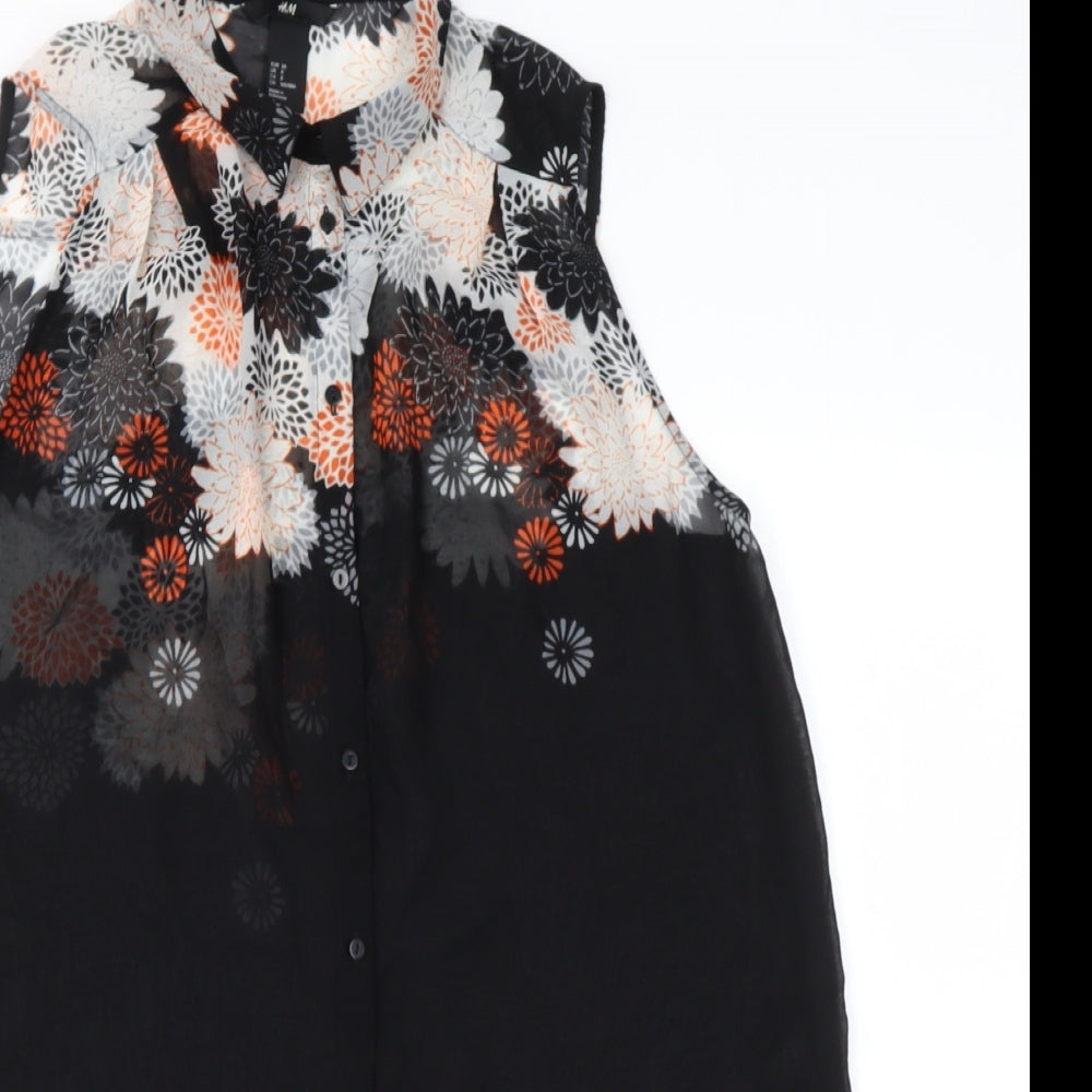 H&M Womens Black Floral Polyester Basic Button-Up Size 8 Collared