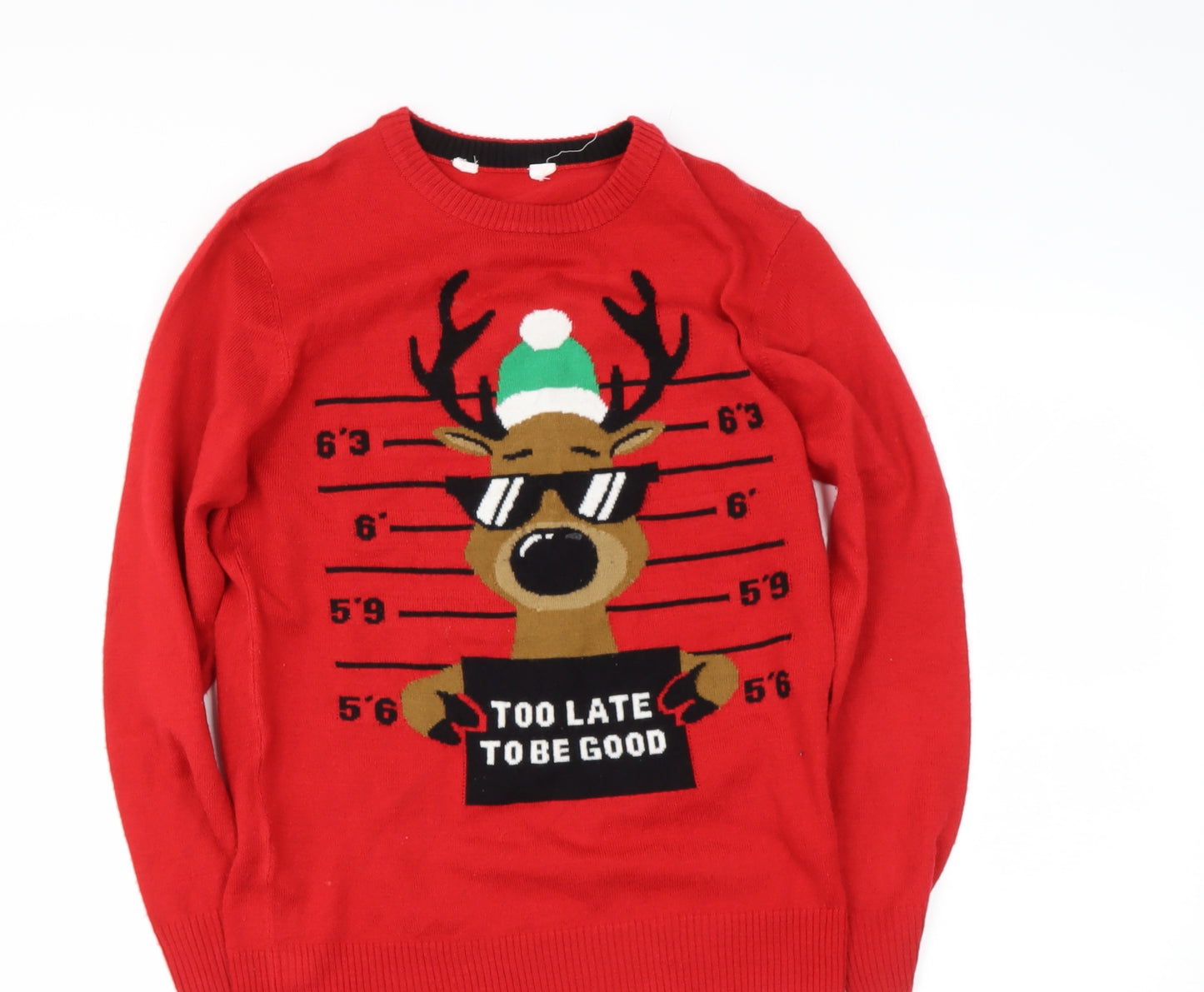 Preworn Boys Red Round Neck  Acrylic Pullover Jumper Size 10 Years   - rudolph