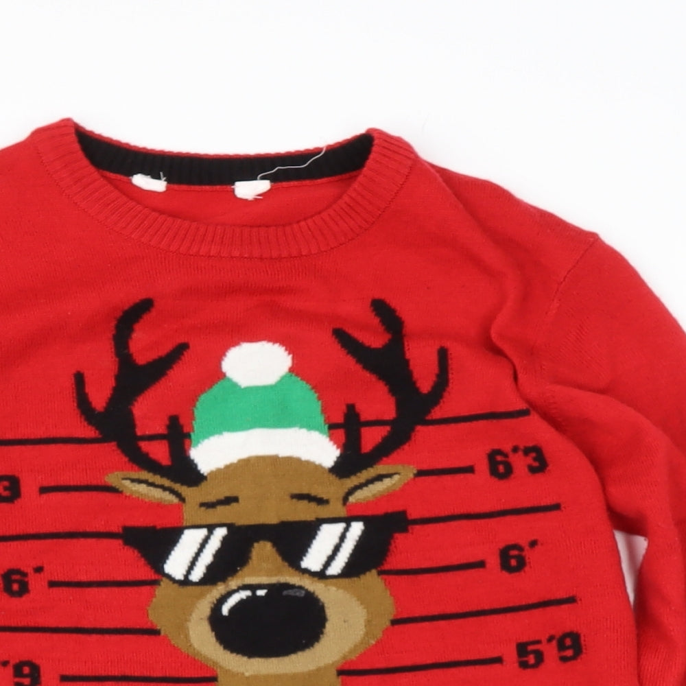 Preworn Boys Red Round Neck  Acrylic Pullover Jumper Size 10 Years   - rudolph