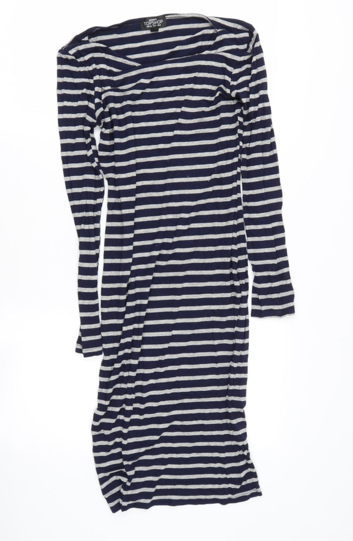 Topshop Womens Blue Striped Polyester Bodycon Size 8 Round Neck
