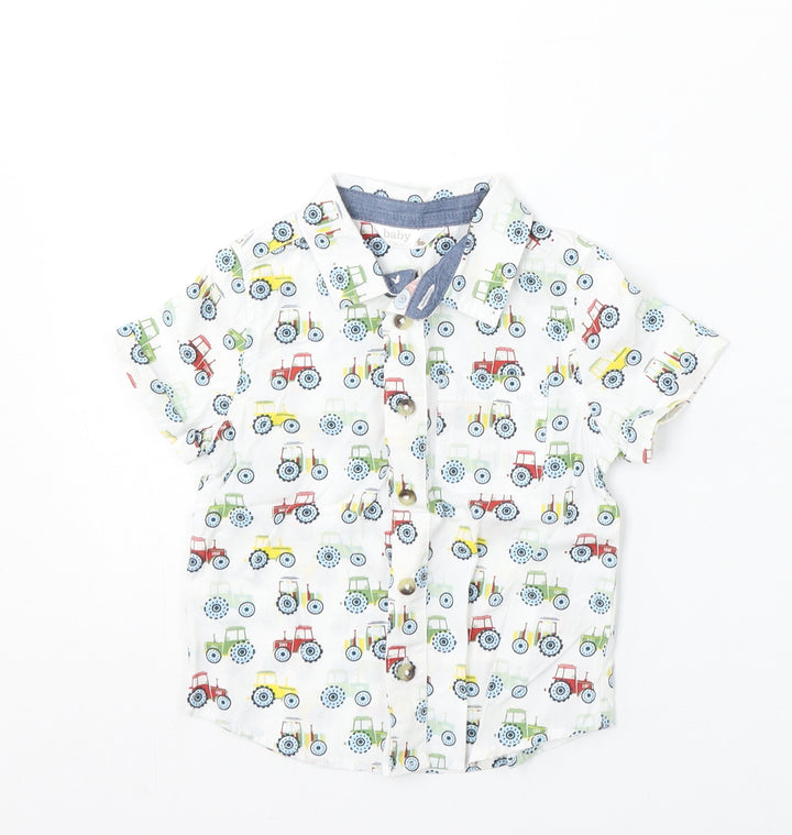 M&Co Boys White Geometric Cotton Basic Button-Up Size 9-12 Months Collared