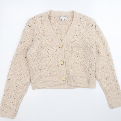 Warehouse Womens Beige V-Neck  Acrylic Cardigan Jumper Size 10
