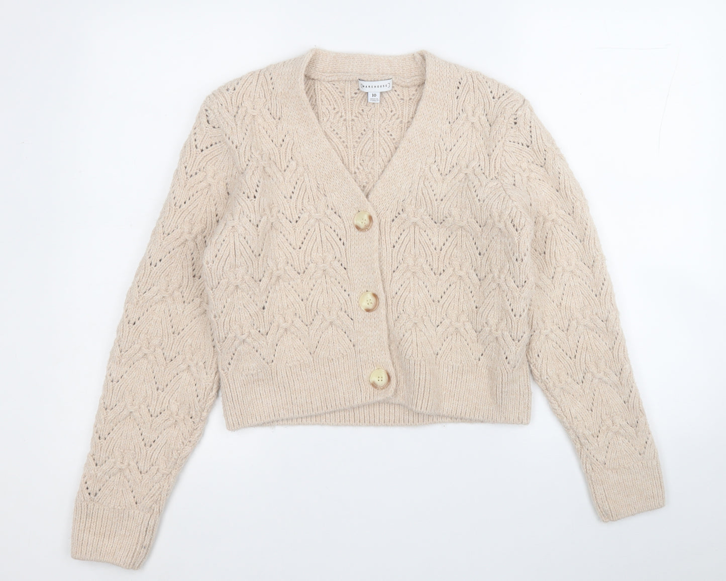 Warehouse Womens Beige V-Neck  Acrylic Cardigan Jumper Size 10