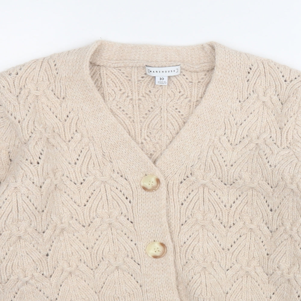 Warehouse Womens Beige V-Neck  Acrylic Cardigan Jumper Size 10