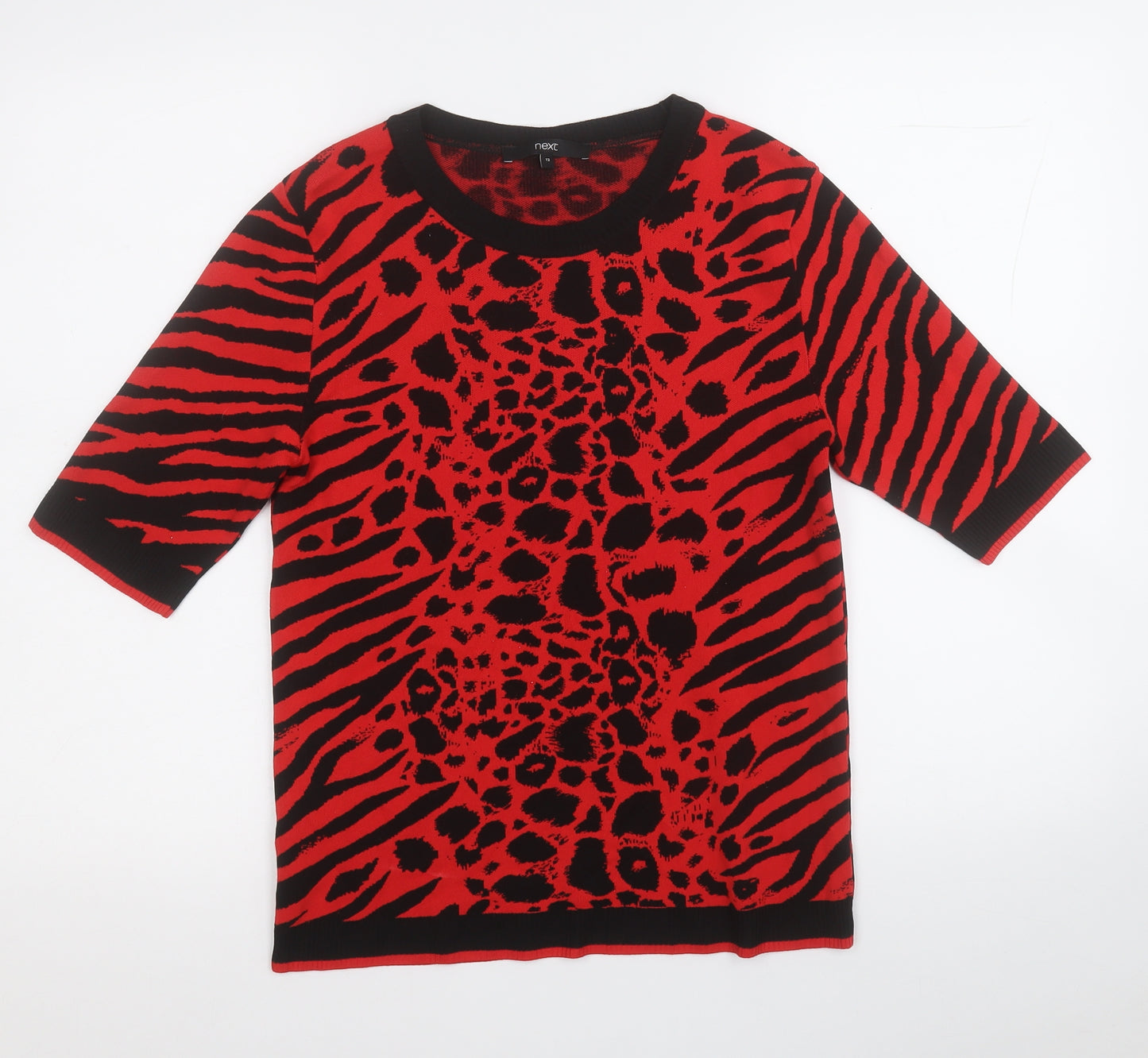 NEXT Womens Red Round Neck Animal Print Nylon Pullover Jumper Size 12