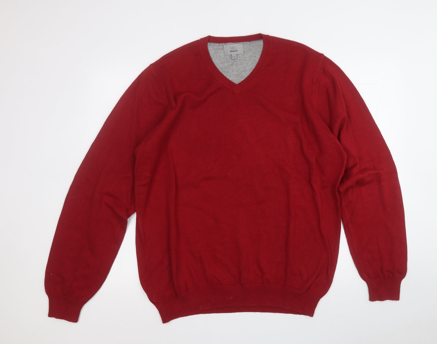 Marks and Spencer Mens Red V-Neck  Cotton Pullover Jumper Size L
