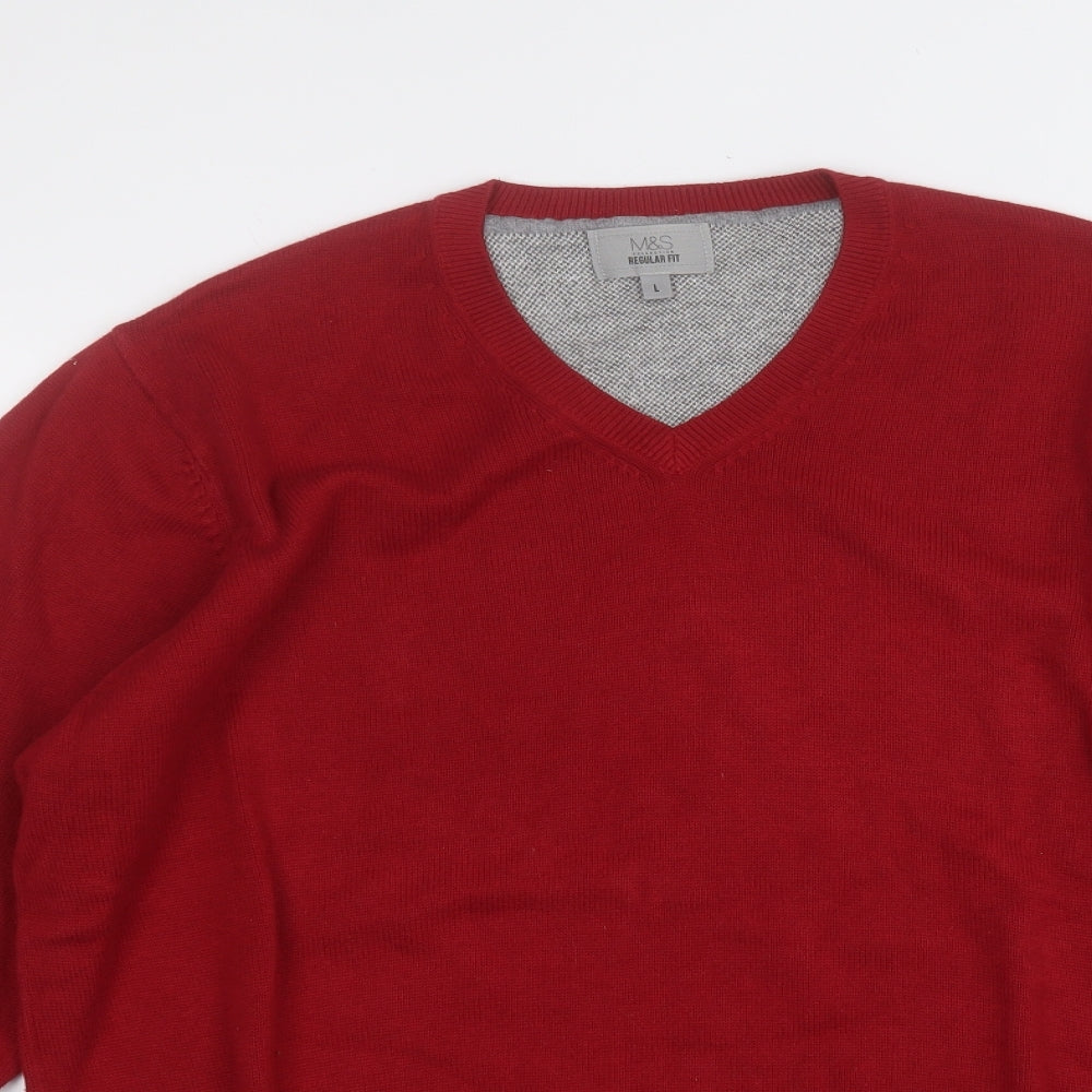 Marks and Spencer Mens Red V-Neck  Cotton Pullover Jumper Size L