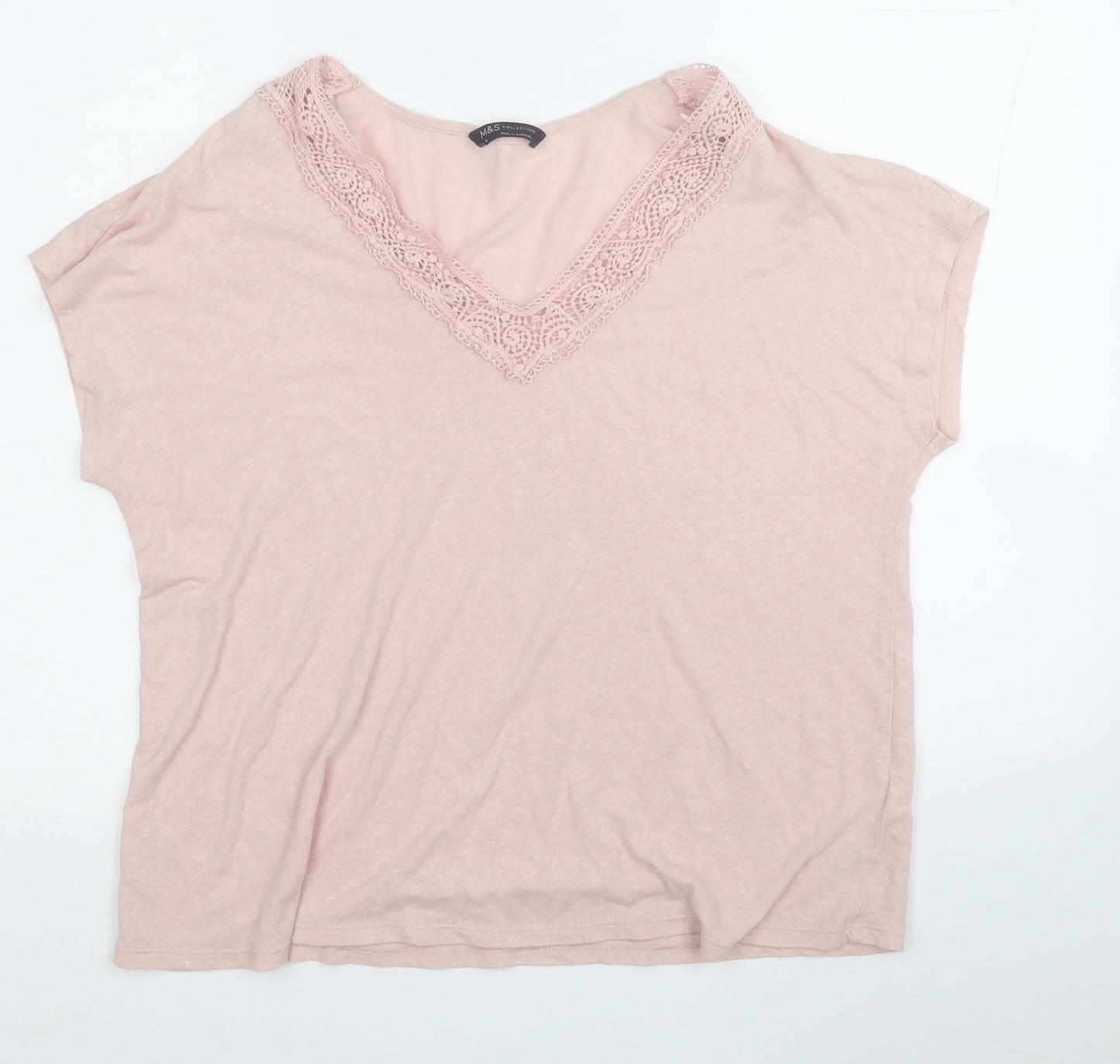 Marks and Spencer Womens Pink  Linen Basic T-Shirt Size 16 V-Neck
