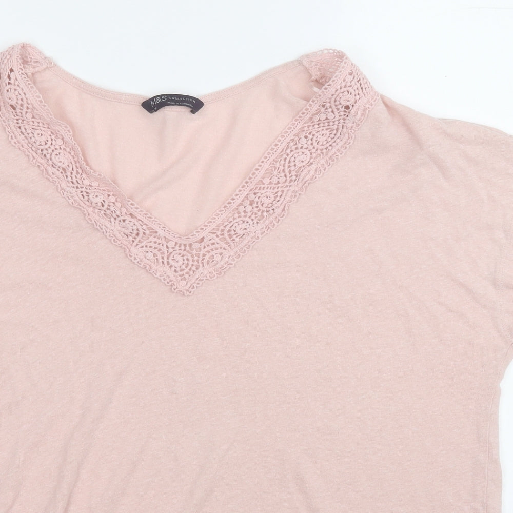 Marks and Spencer Womens Pink  Linen Basic T-Shirt Size 16 V-Neck