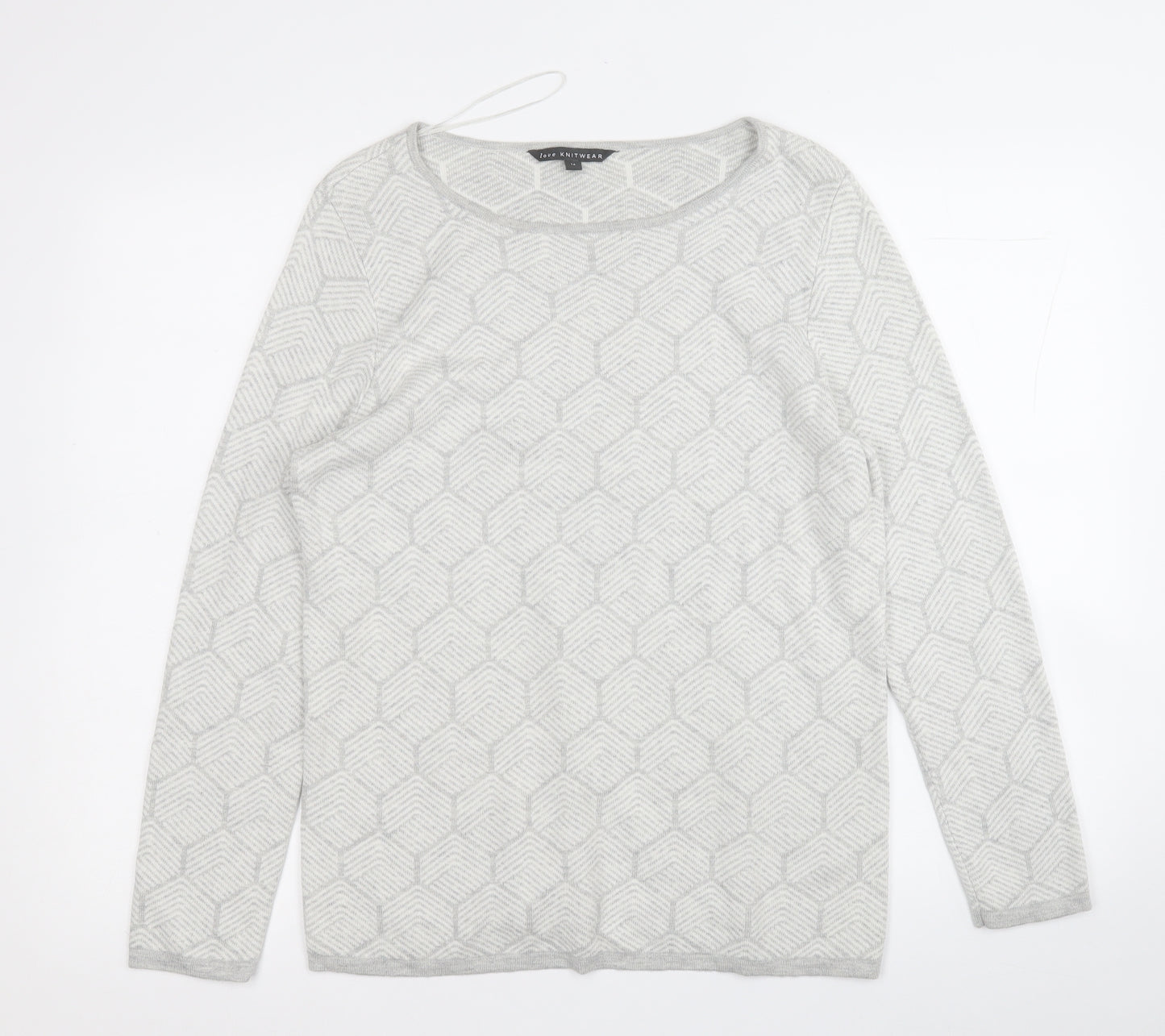 Love Knitwear Womens White Round Neck Geometric Viscose Pullover Jumper Size 14