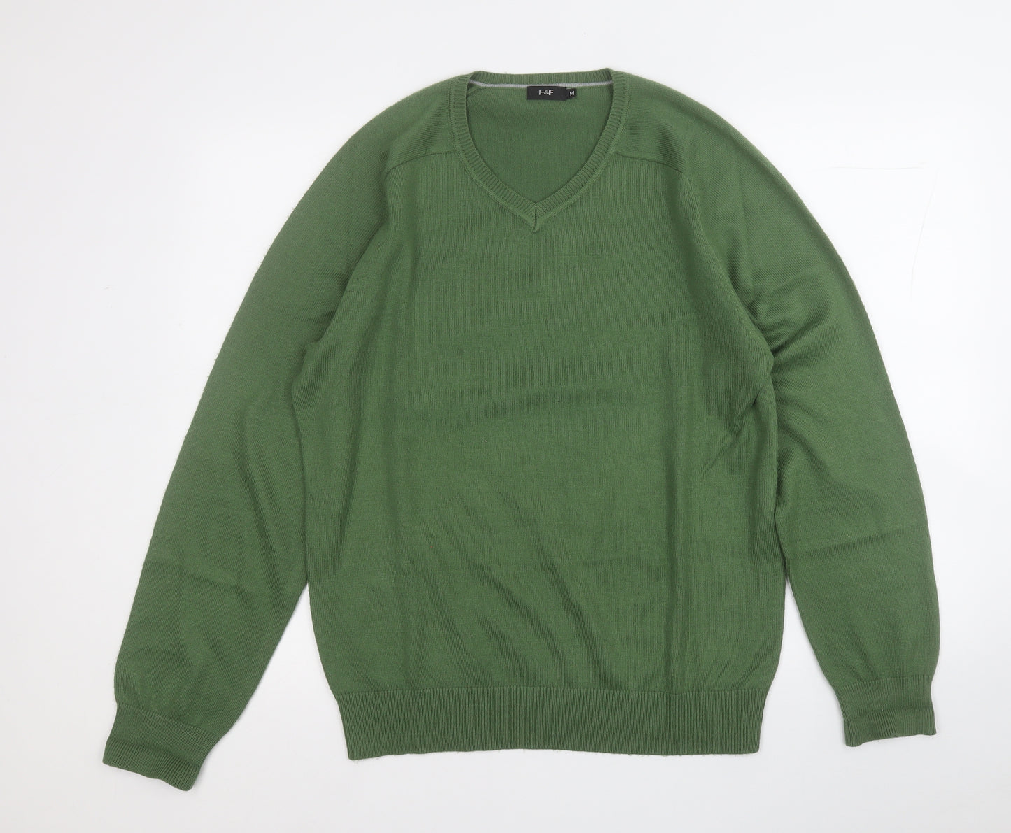 F&F Mens Green V-Neck  Acrylic Pullover Jumper Size M