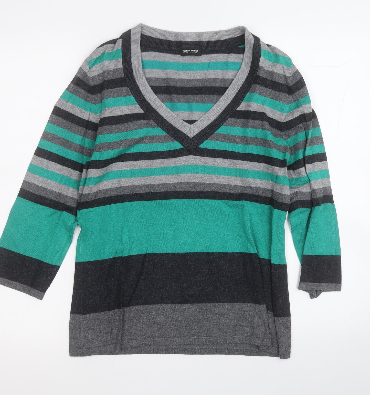 Gerry Weber Womens Green V-Neck Striped Viscose Pullover Jumper Size 12