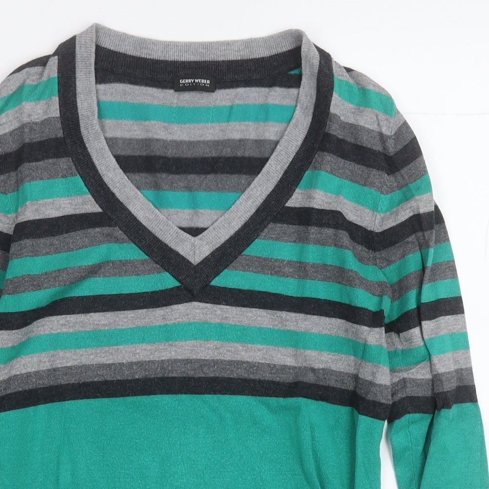 Gerry Weber Womens Green V-Neck Striped Viscose Pullover Jumper Size 12
