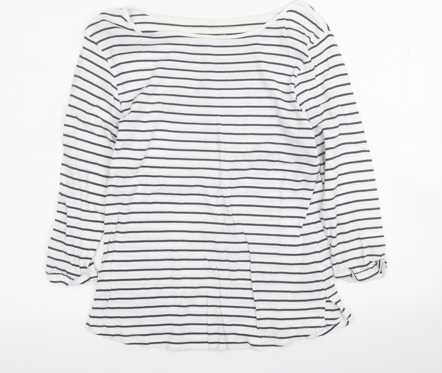 Dunnes Stores Womens White Striped Cotton Basic T-Shirt Size 14 Round Neck