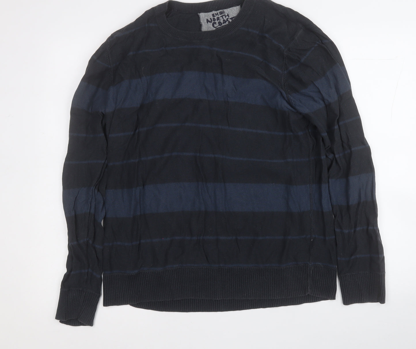 Marks and Spencer Mens Black Round Neck Striped Cotton Pullover Jumper Size L