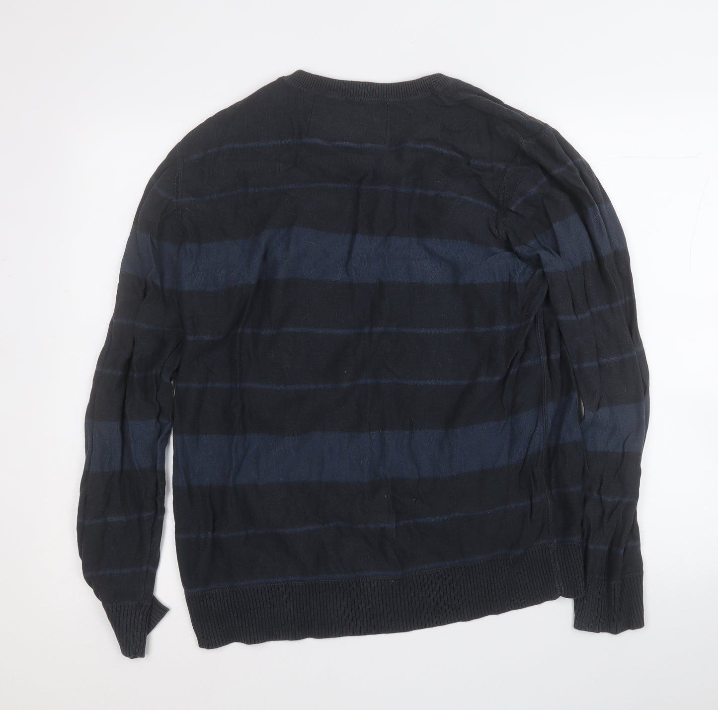 Marks and Spencer Mens Black Round Neck Striped Cotton Pullover Jumper Size L