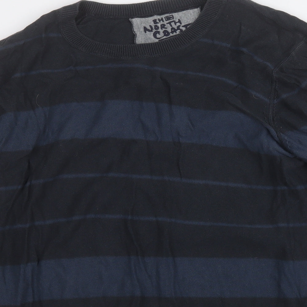 Marks and Spencer Mens Black Round Neck Striped Cotton Pullover Jumper Size L