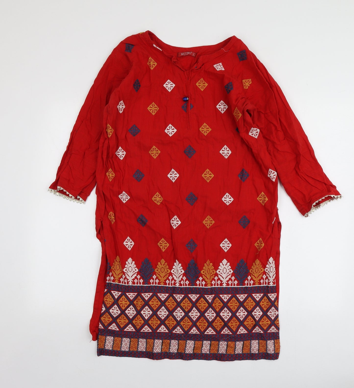Metro Womens Red Geometric 100% Cotton A-Line  Size L  Round Neck
