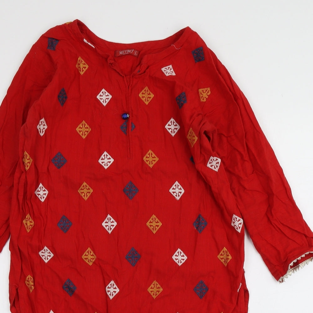 Metro Womens Red Geometric 100% Cotton A-Line  Size L  Round Neck